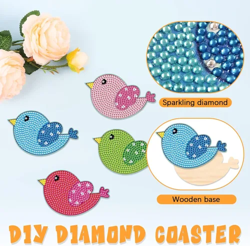 Miniatura 5 de Tontut 8 posavasos de madera de pintura de diamante con soporte, posavasos de pájaro pequeño, kits de arte de diamantes para principiantes, adultos