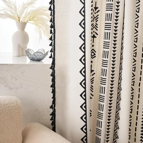 Miniatura 2 de Coral Fish Cortinas Bohemias con Patrón Geométrico Negro Cortinas de Ventana Bohemias con Borlas y Flecos para Cocina Baño Filtrado de Luz