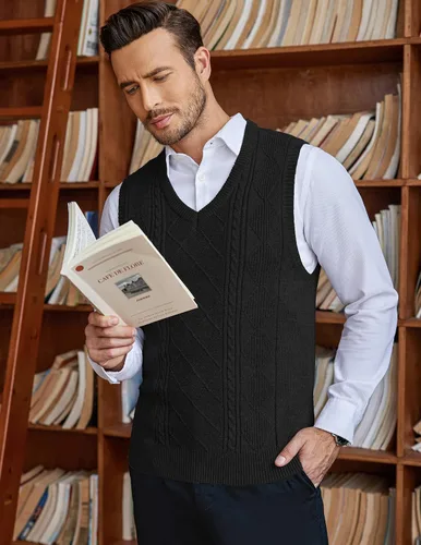 Miniatura 3 de COOFANDY Chaleco de suéter para hombre, cuello en V, sin mangas, tejido casual, ajustado, chaleco