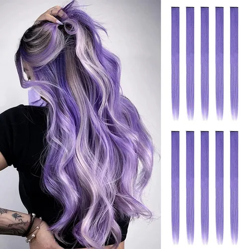 Miniatura 25 de FESHFEN Extensiones de cabello con clip de colores, 16 piezas de 8 colores resaltados, piezas de cabello sintético lacio con clip para mujer, 22