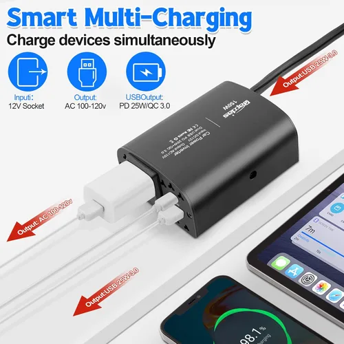 Miniatura 4 de 150W inversor de corriente de coche DC 12V a 110V AC adaptador de salida de coche con PD 25W &QC3.0 puertos USB cargador de coche para laptop