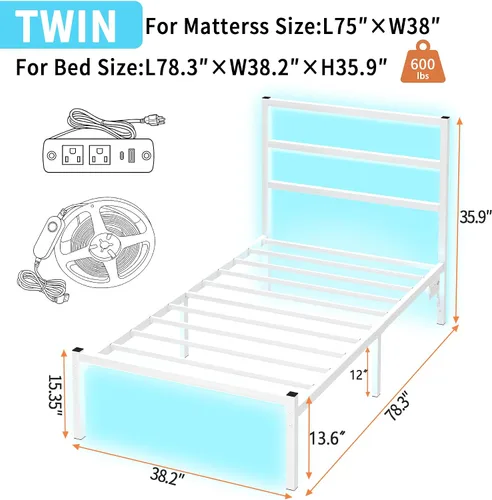 Miniatura 2 de CLIBFENG Base de cama individual con cabecero, soporte de listones de acero resistente, marco de cama LED con estación de carga USB, base de colchón