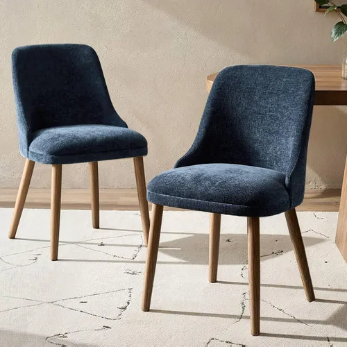 HULALA HOME Juego de 2 sillas de comedor tapizadas de tela azul marino con patas de madera maciza, respaldo acolchado, sillas decorativas modernas
