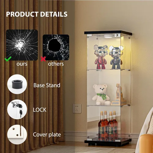 Miniatura 7 de FANYUSHOW - Vitrina de cristal templado con luces LED y cerradura, negro, gabinete Curio de 1 puerta y 3 estantes con estantes de vidrio