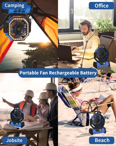 Miniatura 8 de ADUST Ventilador Portátil de Campamento con Batería, Ventilador con Luz LED 20000mAh Recargable, Oscilación Automática, Rotación de 270°, Gancho