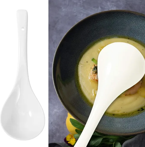 Miniatura 6 de Hemoton Paquete de 2 cucharas grandes de cerámica asiática para sopa de porcelana profunda de alta resistencia con mango largo de 10.43 pulgadas