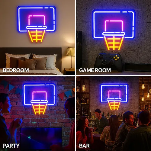 Miniatura 7 de Letrero de neón de aro de baloncesto para decoración de pared, letrero de luz LED regulable con control de brillo para fanáticos de los deportes