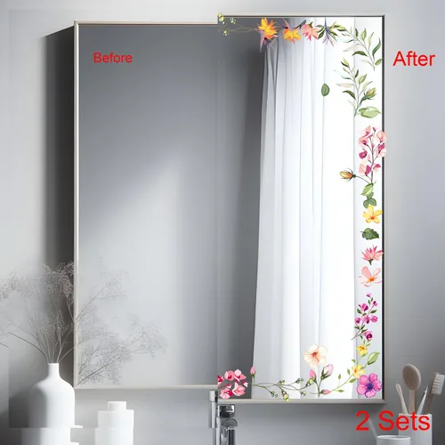 Miniatura 9 de Calcomanías de espejo floral, calcomanías de pared de flores, calcomanías de pared para despegar y pegar, gráficos estéticos, decoración de baño
