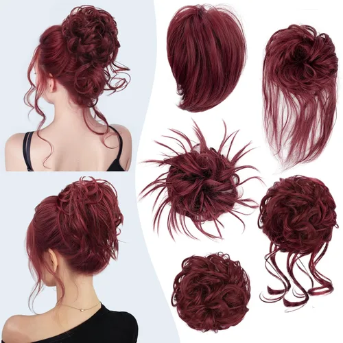 Miniatura 9 de HMD 5 piezas de moño despeinado para mujer, extensión de cabello con banda de goma elástica, extensión de cabello largo y desordenado, accesorios