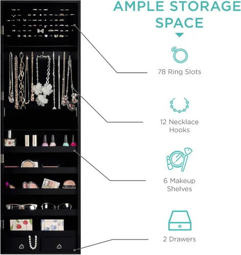 Miniatura 2 de Productos mejor elección clóset con espejo joyería armario con espejo de maquillaje con soporte anillos, collares, brazaletes, Madera Noble, Negro
