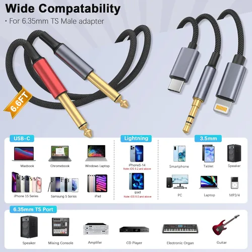 Miniatura 2 de USB C 0.138 in y Lightning a Dual 0.250 in 1/4" TS Mono Stereo Y-Cable, 3 en 1 Dual 1/4 pulgadas Cable de audio compatible