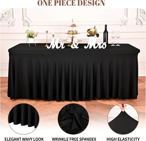 Miniatura 3 de fani Paquete de 2 faldas de mesa elásticas negras para mesa rectangular de 6 pies, manteles elásticos de elastano lavables con falda, mantel