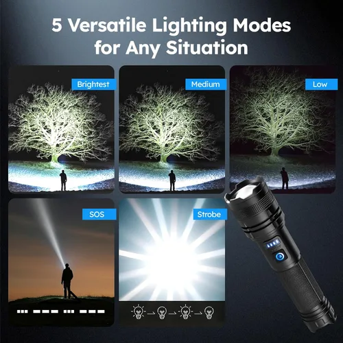 Miniatura 3 de THY TRY Linterna LED Recargable Paquete de 2, 90000 Lúmenes Altos Super Brillantes Linternas de Mano, 5 Modos y Enfoque Ajustable, Linterna de Mano