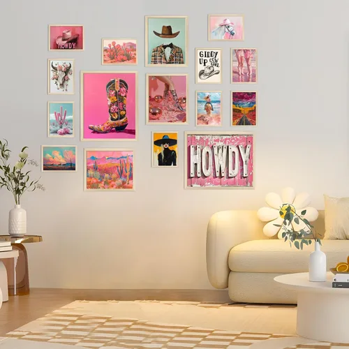 Miniatura 8 de Aroutde Decoración de Pared de Vaquera Rosa, Arte de Pared de Lienzo de Vaquera Occidental Estético Decoración de Habitación Rosa Preppy Cuadros