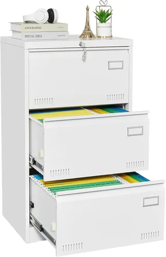 Miniatura 11 de Archivador lateral de 3 cajones con cerradura para oficina en casa, archivador de metal con barra ajustable para colgar, organización de archivador