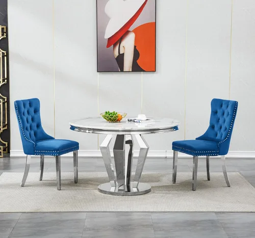 Miniatura 33 de Henf Juego de mesa de comedor redonda de mármol para 6, moderna mesa de comedor de 45 pulgadas con base de acero inoxidable con diseño de diamante