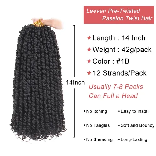 Miniatura 2 de Leeven 8 paquetes de extensiones de cabello de ganchillo Passion Twist de 14 pulgadas, color negro natural Bomb, pretrenzado, onda de agua, rizos