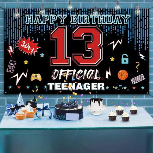 Miniatura 3 de Cartel oficial de telón de fondo para puerta de cumpleaños de 13 años, decoraciones de feliz cumpleaños para niños y niñas, rojo y azul de 13 años