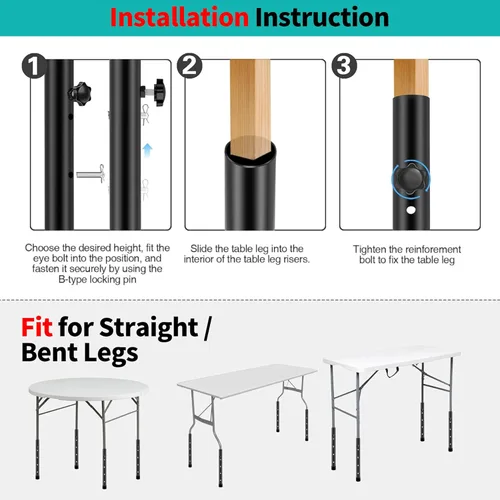Miniatura 8 de Elevadores de mesa plegables para mesas plegables, patas rectas/dobladas, extensiones de patas de mesa plegables duraderas, 4 niveles/alturas