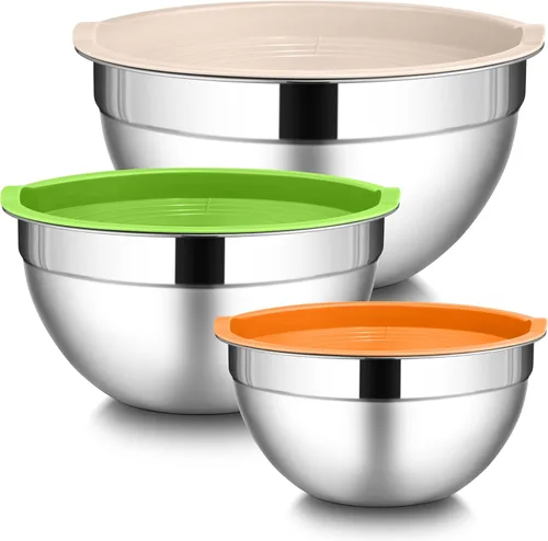 Miniatura 14 de LIANYU Juego de 3 tazones para mezclar con tapas, tazones de metal de acero inoxidable anidables grandes y pequeños para almacenamiento de cocina