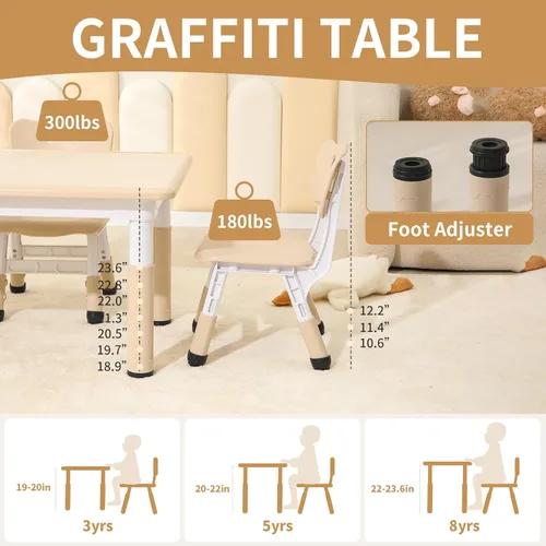 Miniatura 3 de Hulaibit Mesa y 2 sillas para niños pequeños, juego de mesa y sillas para niños de altura ajustable, 31.5 pulgadas de largo x 23.6 pulgadas de Grano