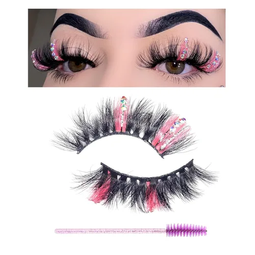 Miniatura 8 de Pestañas postizas negras y rosas con purpurina de color, 1 par de pestañas para mujer, pestañas postizas con reflejos en el extremo, tira