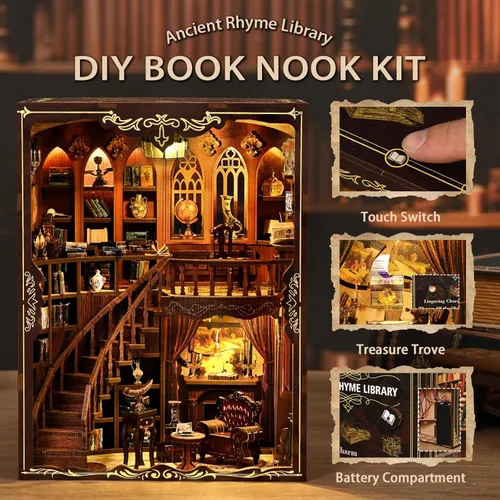Miniatura 2 de Kit de rincón de libros, casa en miniatura de madera 3D Biblioteca de rimas antiguas para decoración de estanterías, manualidades relajantes