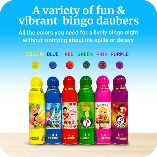 Marcadores de bingo Lucky Lady para adultos - Paquete de 6 marcadores de bingo de colores surtidos - Aplicación suave y uniforme, fórmula sin goteo