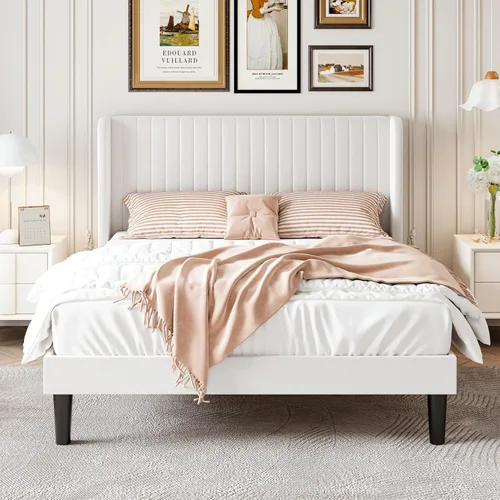 Miniatura 3 de SHA CERLIN Marco de cama de terciopelo tamaño completo con cabecera de respaldo alto con capitoné de canales verticales, cama de plataforma tapizada