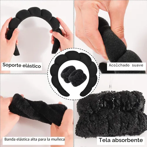 Miniatura 5 de Zkptops Diadema de Spa para Lavar la Cara Muñequera Esponja Maquillaje Cuidado de la Piel Diadema de Tela de Rizo Burbuja Suave Prepárate Diadema