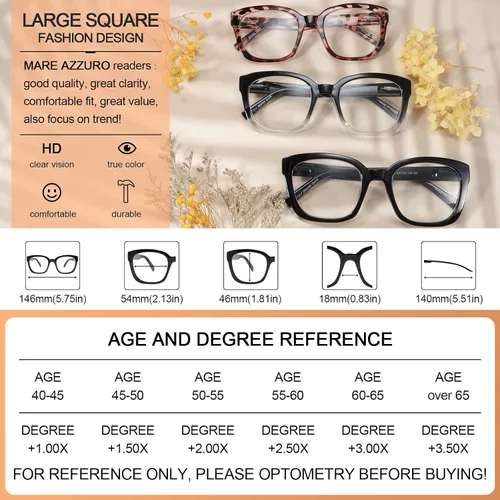 Miniatura 5 de MARE AZZURO Gafas de lectura cuadradas grandes +1.0 para mujeres de gran tamaño 1.00 1.25 1.50 1.75 2.00 2.25 2.50 2.75 3.00 3.50 4.00 5.00 6.00