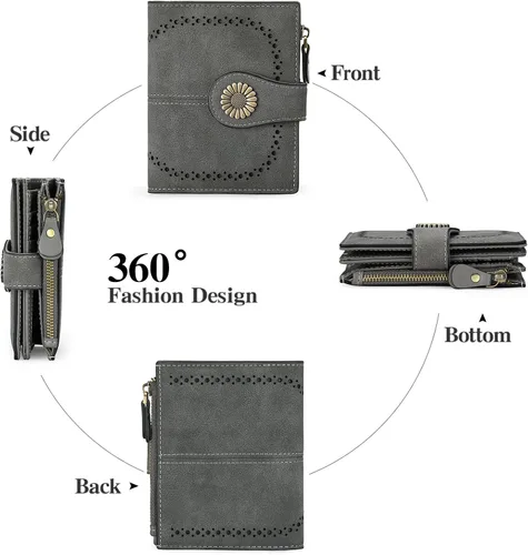 Miniatura 4 de SENDEFN Cartera pequeña de cuero plegable para mujer, con bloqueo RFID y bolsillo para monedas con cremallera, 1-gris, Cartera pequeña para mujer