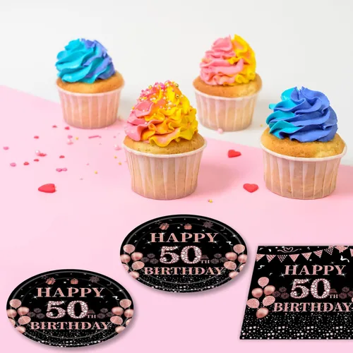 Miniatura 7 de Ryzovo - Decoraciones de cumpleaños 50 para mujer, platos de papel desechables negro y oro rosa, suministros de fiesta para 20 invitados, 41 piezas