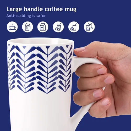 Miniatura 4 de YouPeng Juego de tazas de café grandes, tazas de cerámica con asa grande, taza de café alta para hombres o mujeres con patrón pintado a mano azul