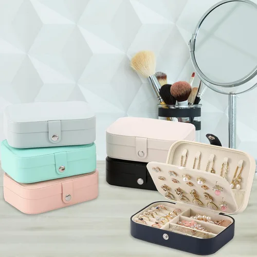 Miniatura 5 de Joyero de viaje, organizador de joyas pequeño de piel sintética para mujeres y niñas, mini estuche de viaje portátil de doble capa para guardar