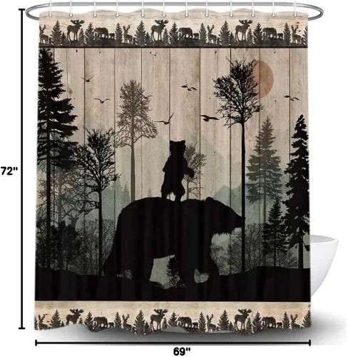 Miniatura 7 de Torich Juego de cortinas de ducha de oso rústico, diseño de bosque y bosque, caza, animales, cabaña, tablero de madera, decoración de baño