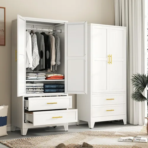 Miniatura 11 de Ckzbx Armario Ropero de Metal de 71" de Alto con Espejo, Estantes Ajustables, Barra para Secar Ropa, Gabinete Ropero de Acero para Dormitorio (Negro)