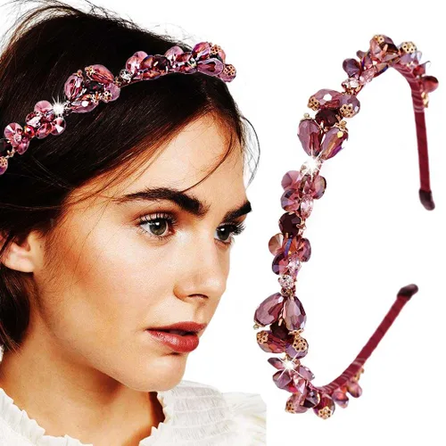 Diademas barrocos de diamantes de imitación púrpura fina banda para el cabello con cuentas de cristal brillante para mujer (morado)