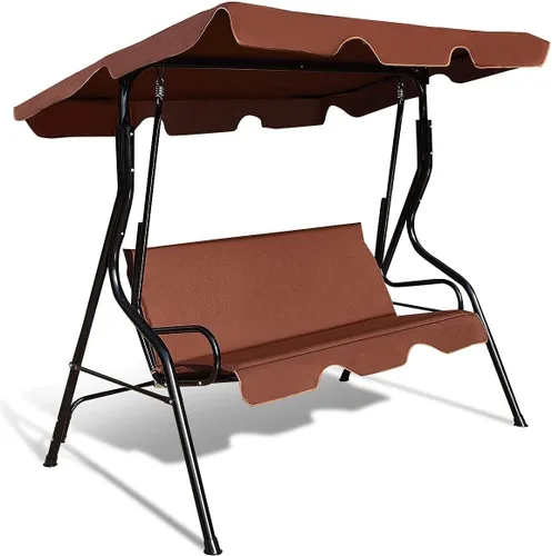 Miniatura 10 de Silla de columpio con toldo de 3 plazas, asiento acolchado impermeable para exteriores con toldo ajustable y extraíble, marco de acero, tela