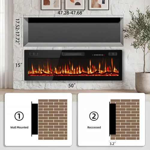 Miniatura 2 de Waleaf Chimenea eléctrica lineal delgada de 50 pulgadas con temporizador de 8 horas y diseño seguro de sobrecalentamiento, calentador eléctrico