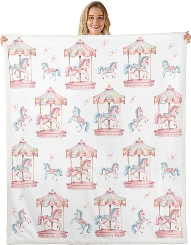 Miniatura 26 de Manta de franela de unicornio para todas las estaciones, manta romántica de carrusel de parque de atracciones, estilo princesa, diseño de cuento