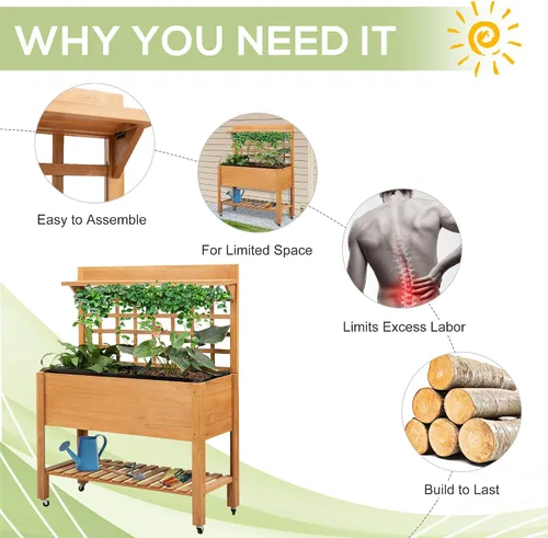 Miniatura 5 de Outsunny Cama de jardín elevada de 41 pulgadas con enrejado sobre ruedas, maceta elevada de madera con patas y forro de cama, para flores, hierbas
