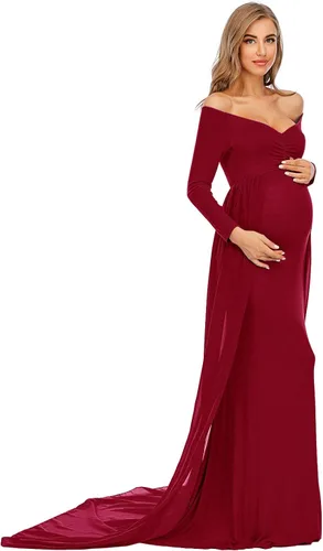 Miniatura 4 de ZIUMUDY Vestido de maternidad de manga larga con hombros descubiertos, vestido de gasa para sesión de fotos, baby shower