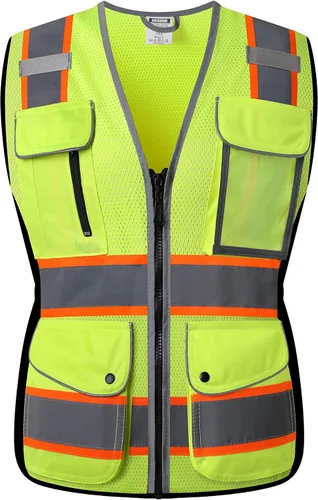 Chaleco de seguridad reflectante para mujeres, chaleco de malla de alta visibilidad con 8 bolsillos y cremallera frontal, chaleco de alta Amarillo
