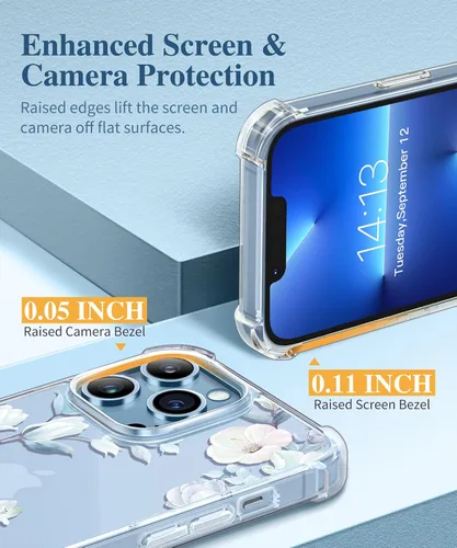Miniatura 5 de GVIEWIN Funda diseñada para iPhone 13 Pro Case de 6.1 pulgadas, con protector de pantalla de vidrio templado + protector de lente de cámara, flor