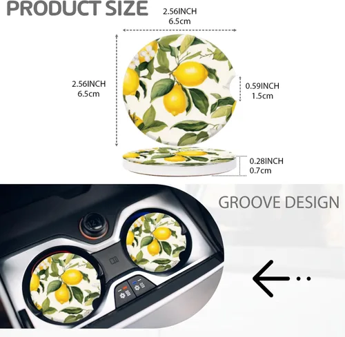 Miniatura 2 de Portavasos de automóvil para mujeres y hombres, paquete de 2 portavasos de cerámica con limones y flores blancas, elegantes accesorios interiores