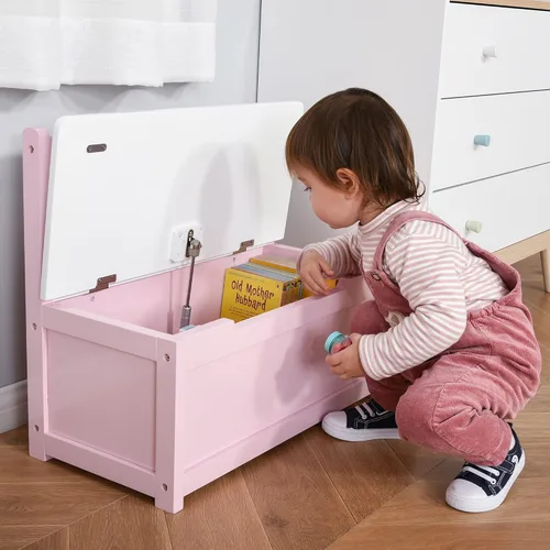 Miniatura 2 de Qaba Caja de juguetes, banco de almacenamiento para niños con interior grande de 27 L, organizador de juguetes con tapa superior y respaldo, muebles