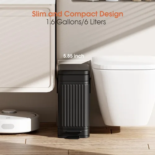 Miniatura 7 de Basurero pequeño con tapa, cierre suave, de acero inoxidable de 6 litros/1.6 galones, cubo de basura de metal con pedal para baño, dormitorio, Negro