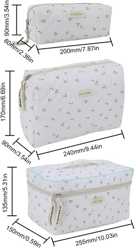 Miniatura 7 de Juoxeepy Bolsa de maquillaje de algodón, bolsa de cosméticos de viaje, bolsa de cosméticos acolchada, bolsa de aseo floral estética coqueta A01-3pcs