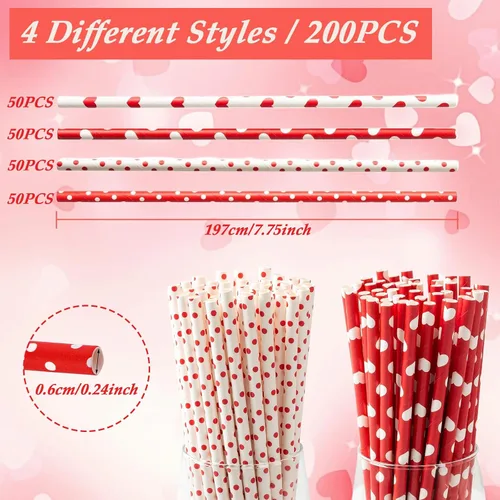 Miniatura 2 de 200 popotes de papel de corazón rojo, pajitas desechables para boda, fiesta de cumpleaños, suministros decorativos, 4 estilos